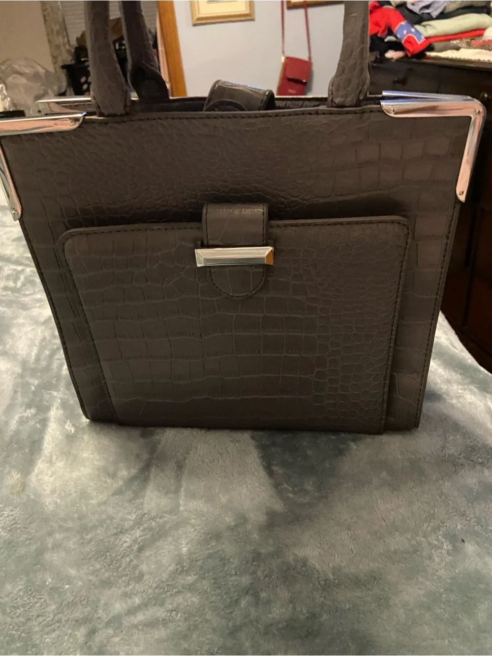 Snob Essentials gray Croc-Embossed Structured Shoulder Bag